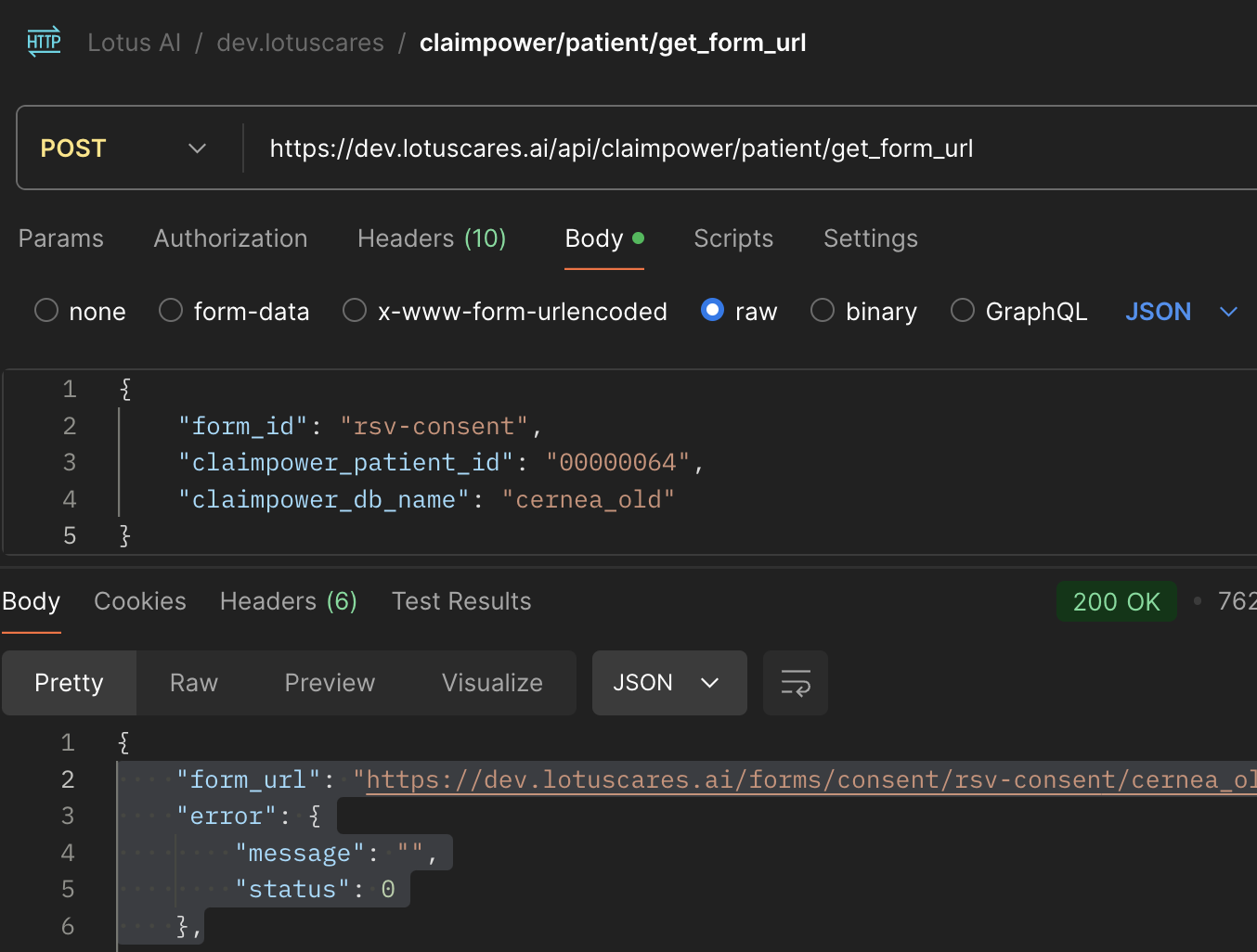 Screenshot of GET_FORM_URL in POSTMAN